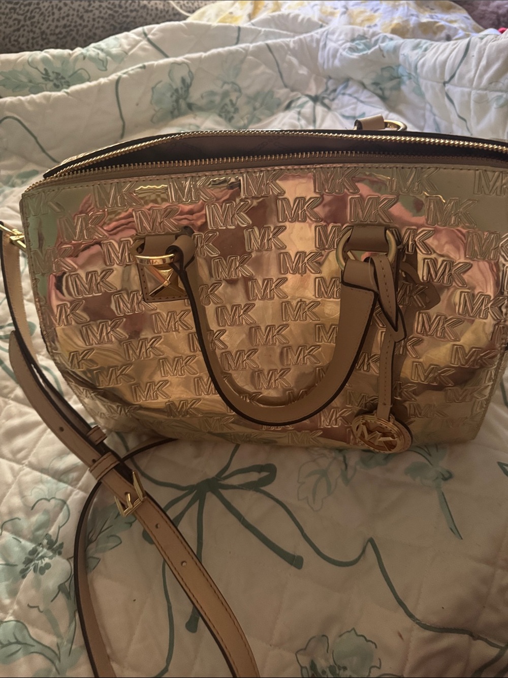 Michael Kors Metallic Rose Gold MK Embossed Satchel